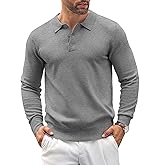 COOFANDY Mens Knit Polo Shirts Casual Long Sleeve Classic Polo Top Shirts Button Down Business Shirts Grey