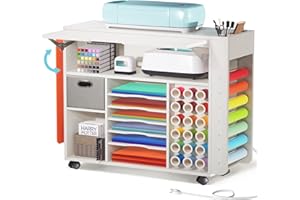 COODAY Craft Organizers and Storage Cart with Extendable Desktop and Power Outlet, Compatible with Cricut Maker, Craft Table with Drawer & Vinyl Roll Holders, Craft Cabinet Workstation