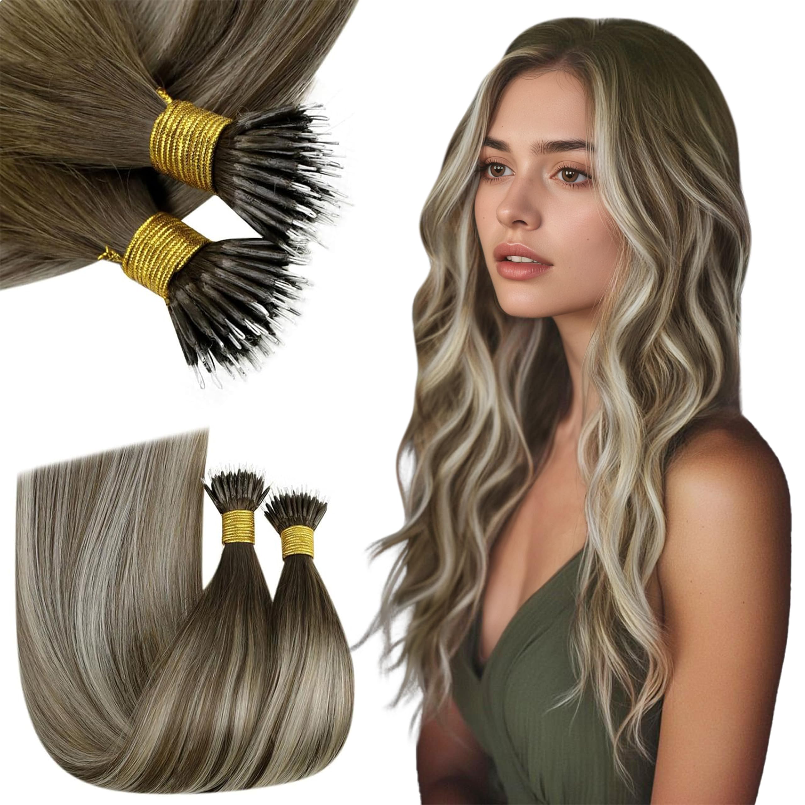 RUNATURE Nano Hair Extensions Real Human Hair 24 Inch Nano Ring Hair Extensions Human Hair Balayage Dark Brown to Blonde 50g 50s Invisible Straight Remy Hair #3/8/22 — image 1