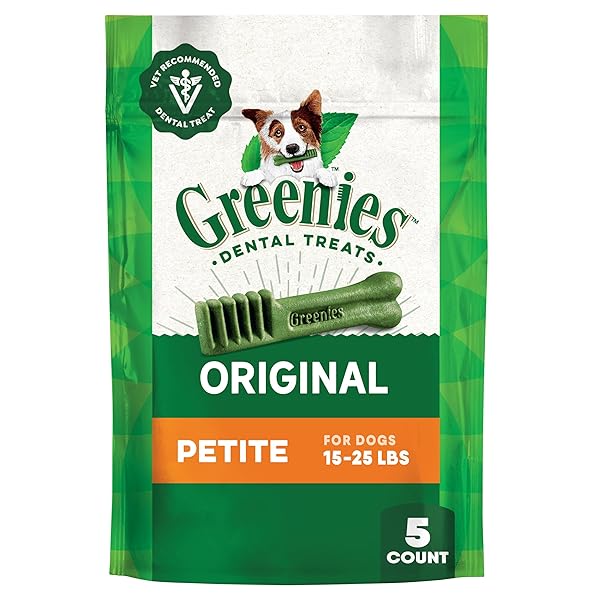 GREENIES VETERINARIAN-RECOMMENDED ADULT NATURAL DENTAL DOG TREATS PETITE SIZE, DOG DENTAL CHEWS, ORIGINAL FLAVOR, 3 OZ. PACK, 5 COUNT