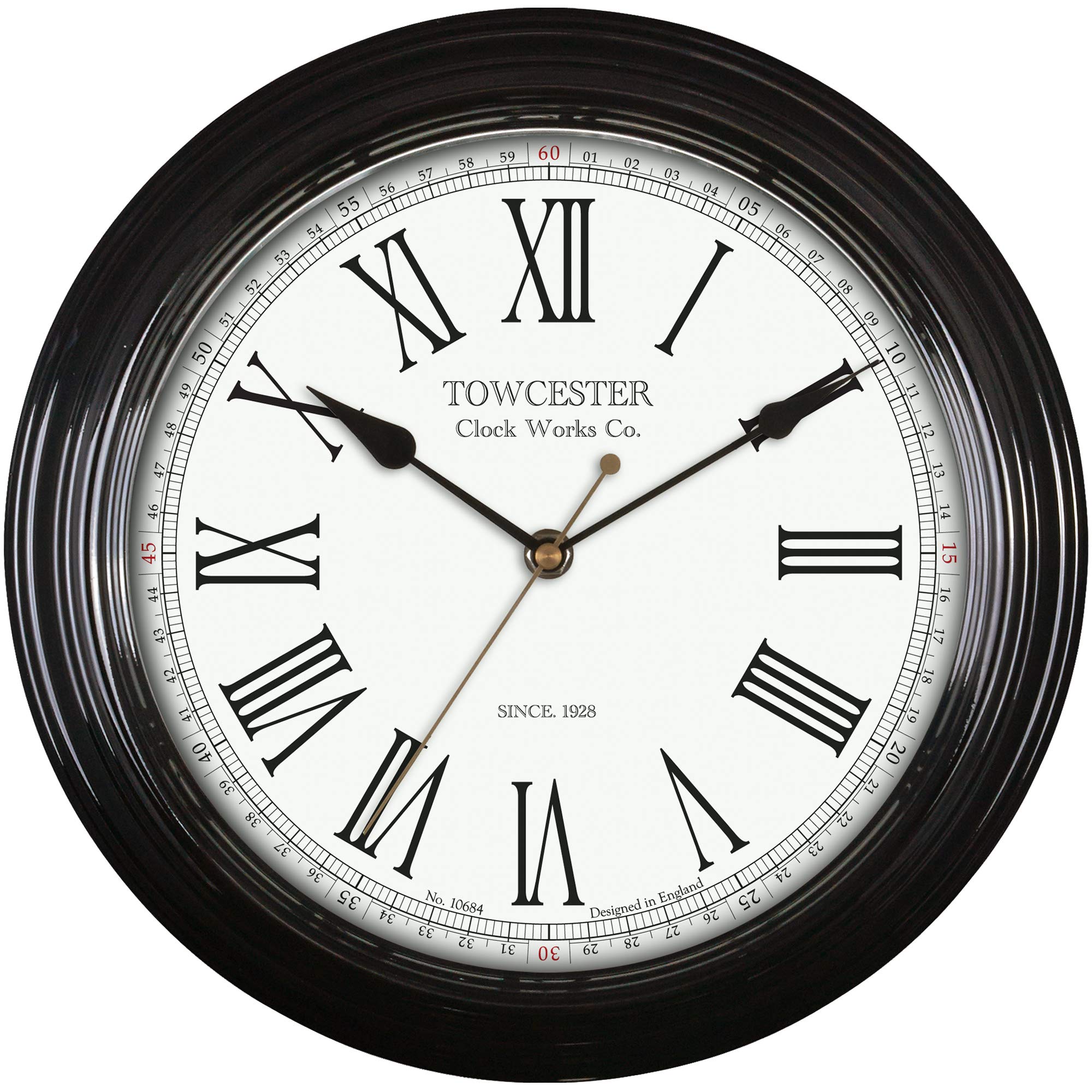 Acctim Redbourn Traditional Quartz Wall Clock. Large Roman Numerals a Metal Case and Spade Hands. Black 30cm Wall Clock