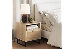 Nathan James Mina Rattan Wood End Side Accent Table Nightstand with Storage for Living Room or Bedroom, 1, Oak/Black