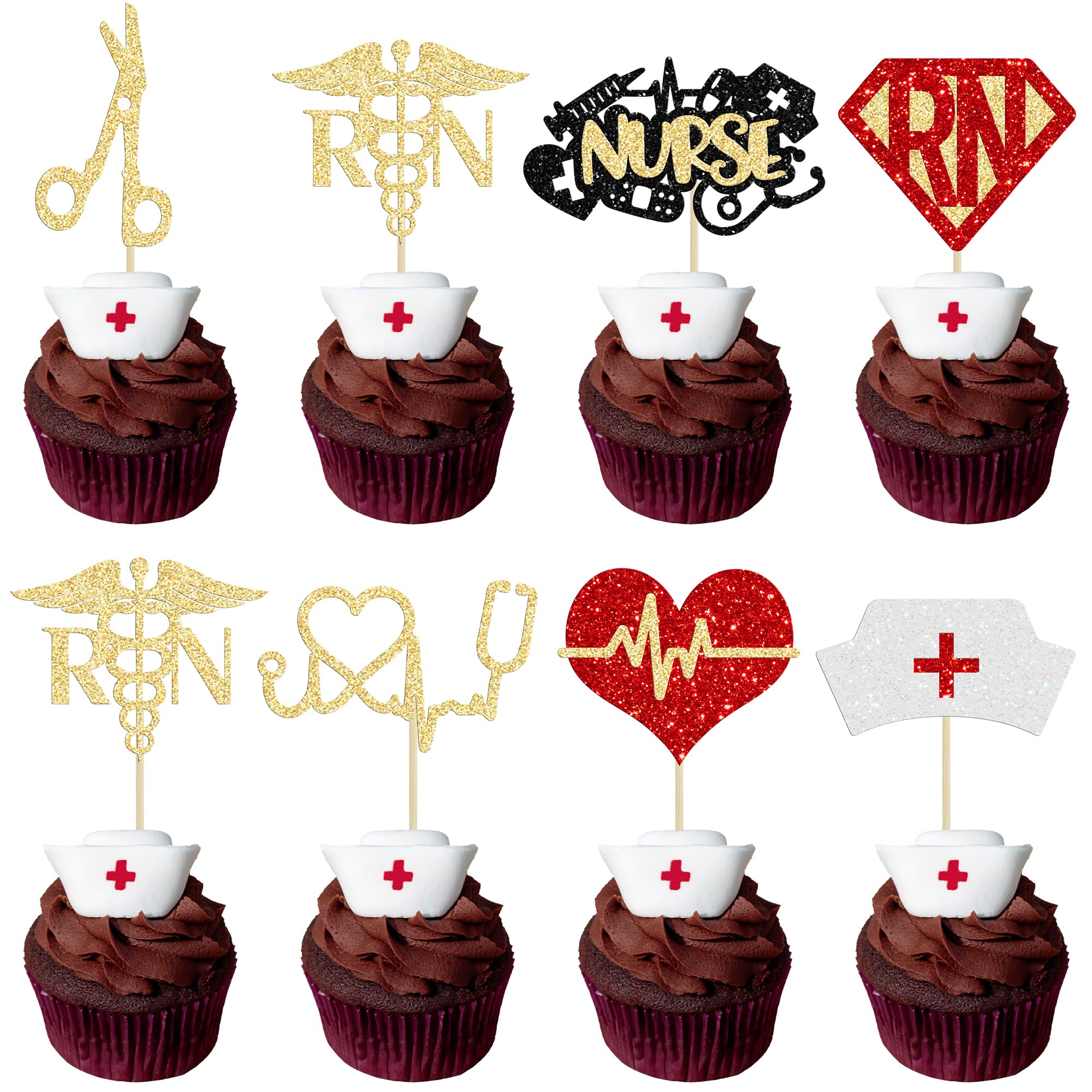 Gyufise 28Pcs Glitter Nursing Cupcake Toppers Nurse Graduation Cupcake Picks Rn Themed Cake Picks with Nurse Cap Heart for Medical Rn Themed Party Cake Decorations