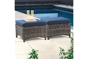 MeetLeisure Outdoor Wicker Ottomans for Patio Set of 2 PE Wicker Steel Frame Outdoor Footstool with Removable Olefin Cushions for Patio, Backyard and Deck,Navy