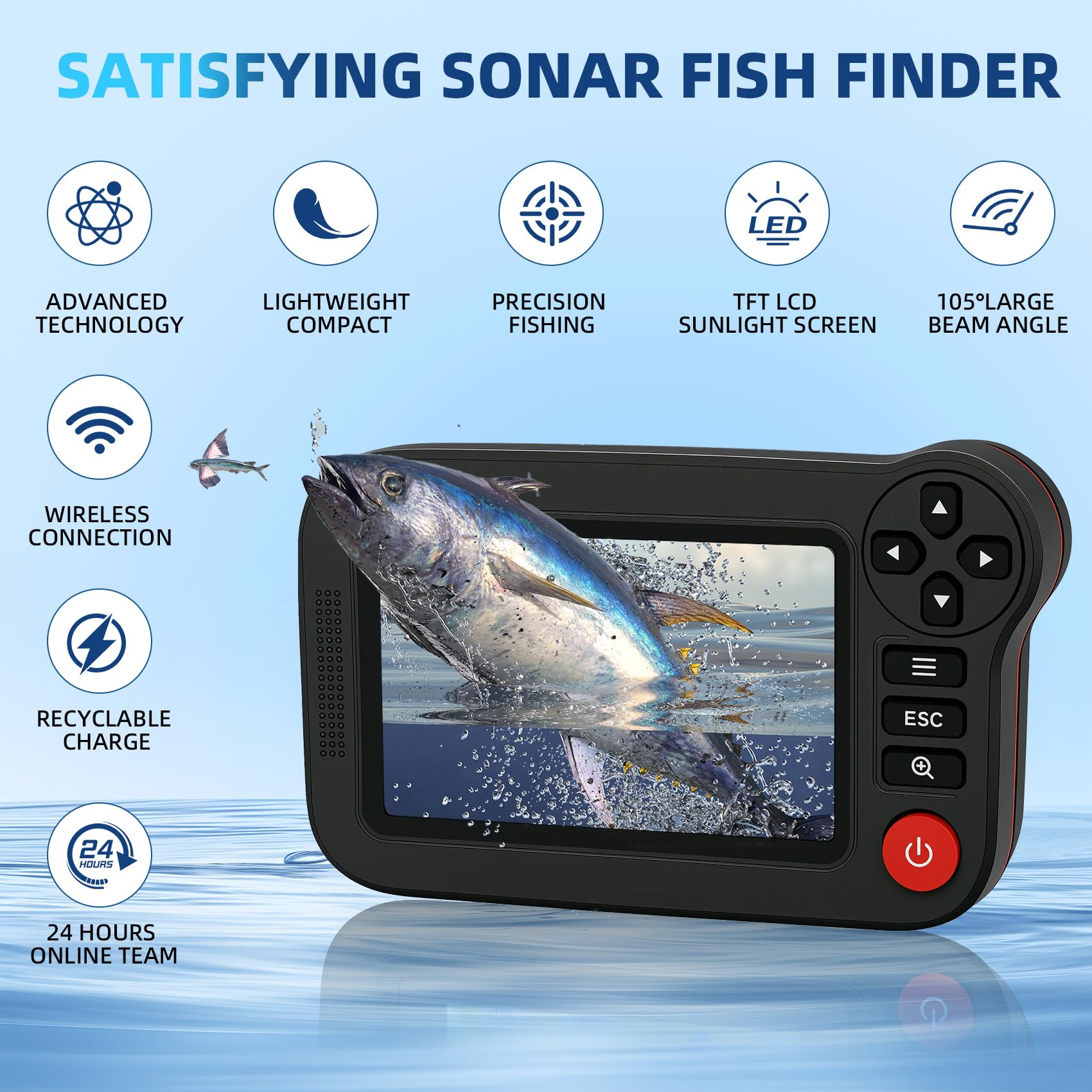 Portable Rechargeable Fish Finder, Wireless Sonar FishFinder, Castable Kayak Depth Finder with 105° Beam Angle and TFT LCD Display, 2.6-164 FT of Depth Locator,for Shore, Sea ＆ Ice Fishing