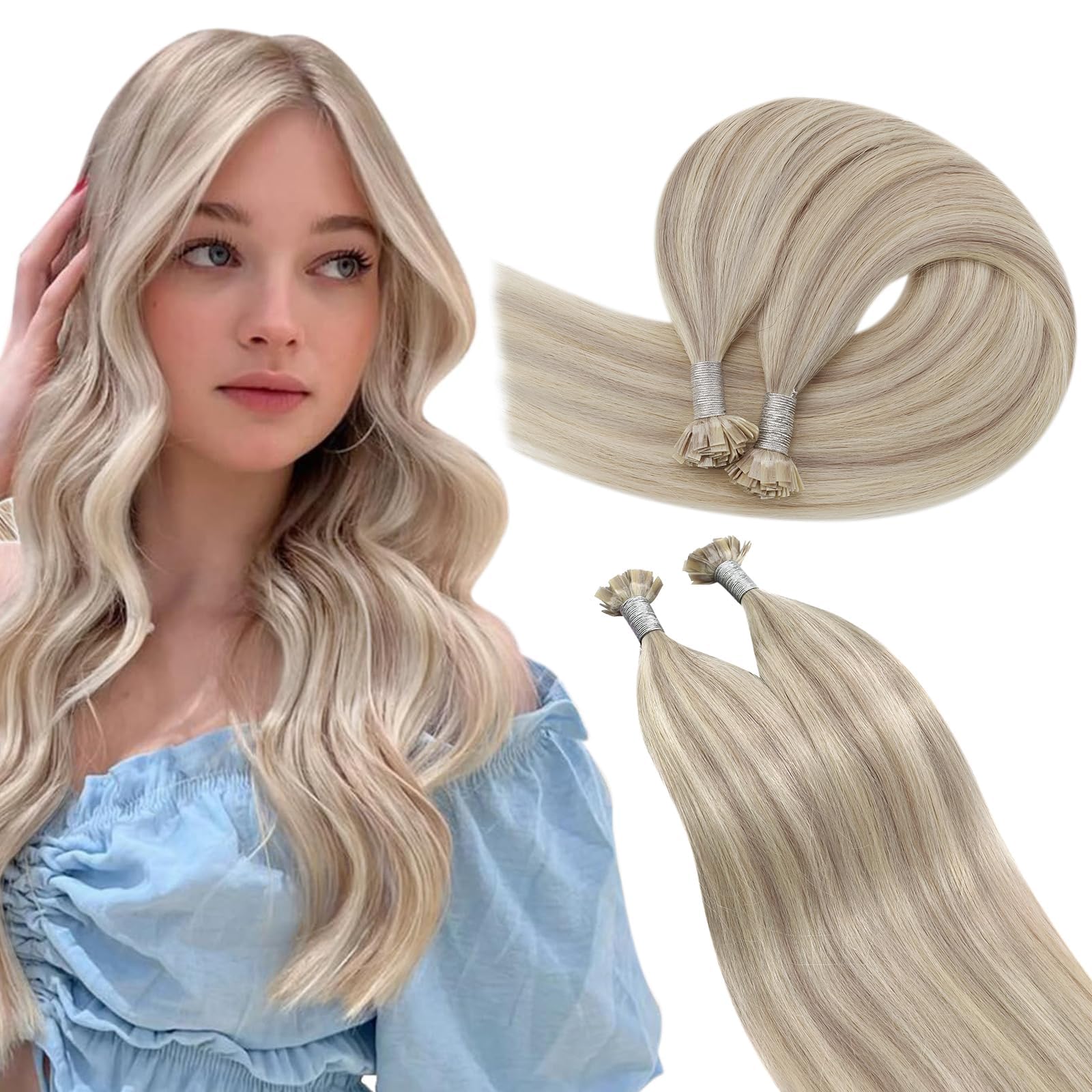 Ugeat Keratin Hair Extensions Human Hair Highlights Flat Tip Human Hair Extensions Real Human Hair Ash Blonde Highlights Bleach Blonde for Women Younger Looking 14 Inch 50G 50S #18/613