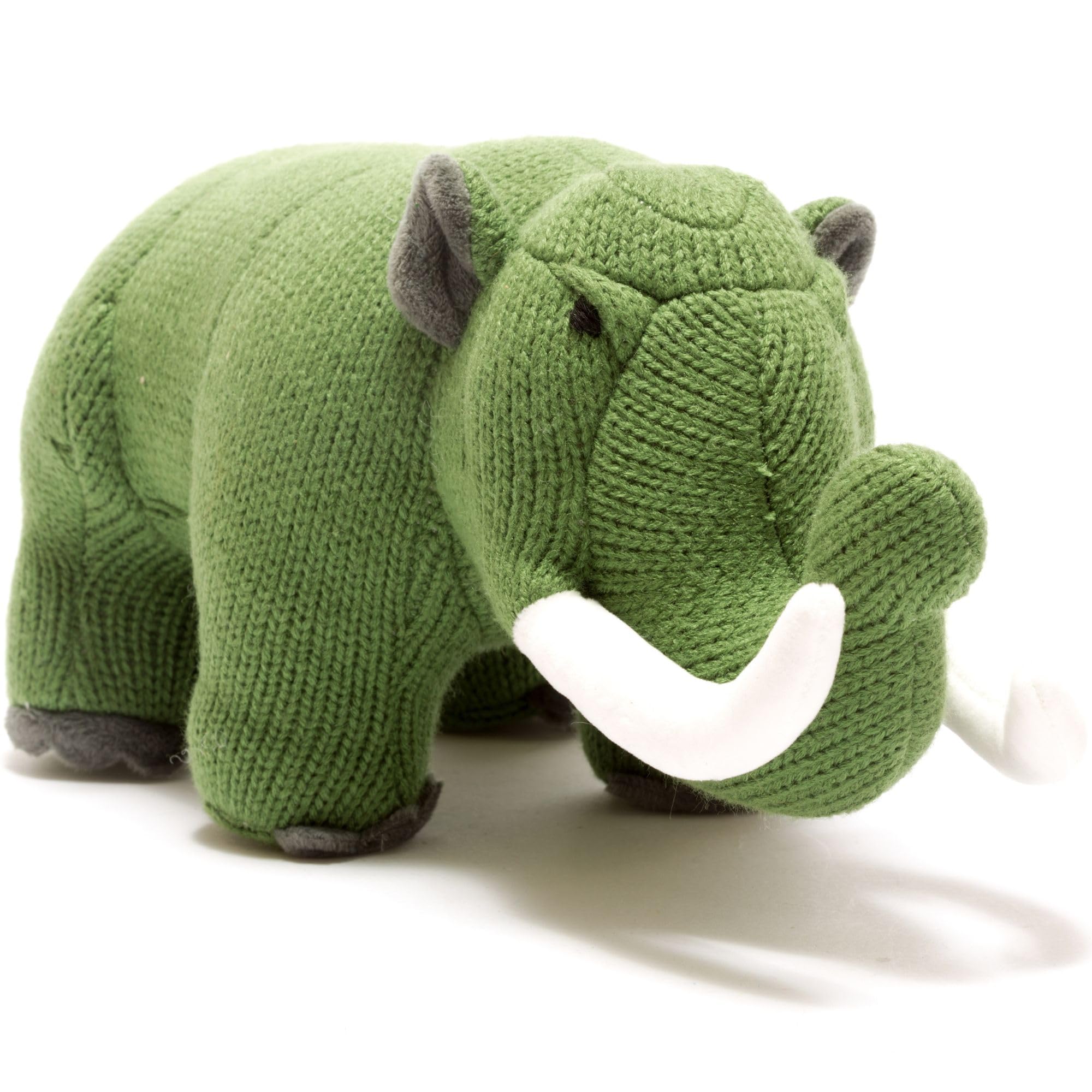 Knitted Woolly Mammoth Soft Toy in Moss Green, Kids Soft Dinosaur Toy