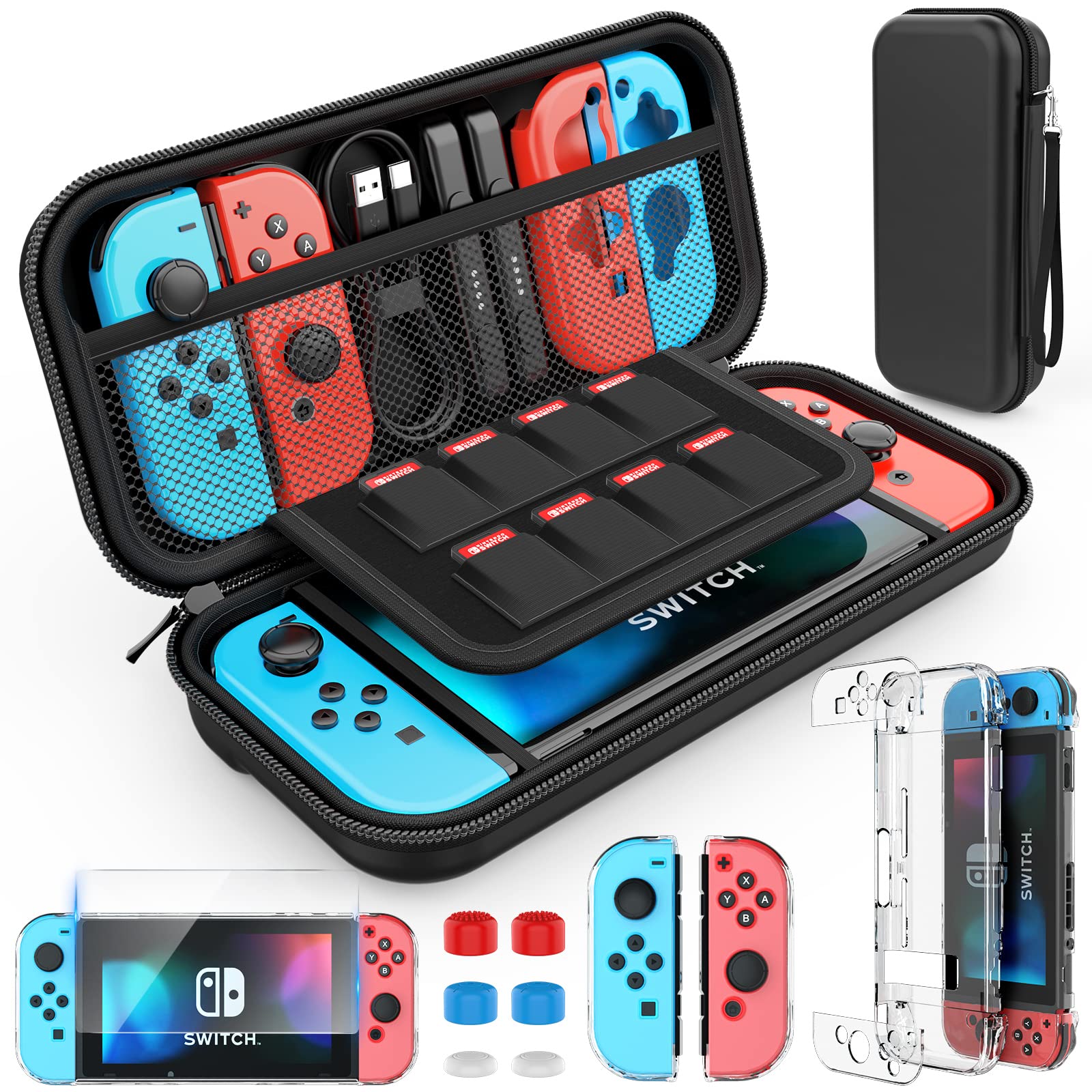 Photo 1 of HEYSTOP Case Compatible with Nintendo Switch Carry Case Pouch with Switch Cover Case HD Switch Screen Protector Thumb Grips Caps for Nintendo Switch Console Accessories, Black, L, Modern