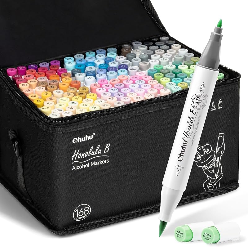 Ohuhu 168 Color Alcohol Markers Brush & Fine Dual-Tip Set Honolulu B