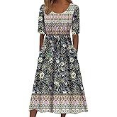 Kubsid Womens Boho Dress Summer Casual 2026 Short Sleeve Loose Fit Floral Maxi Dress Flowy Beach Vintage Sundress Navy Floral L
