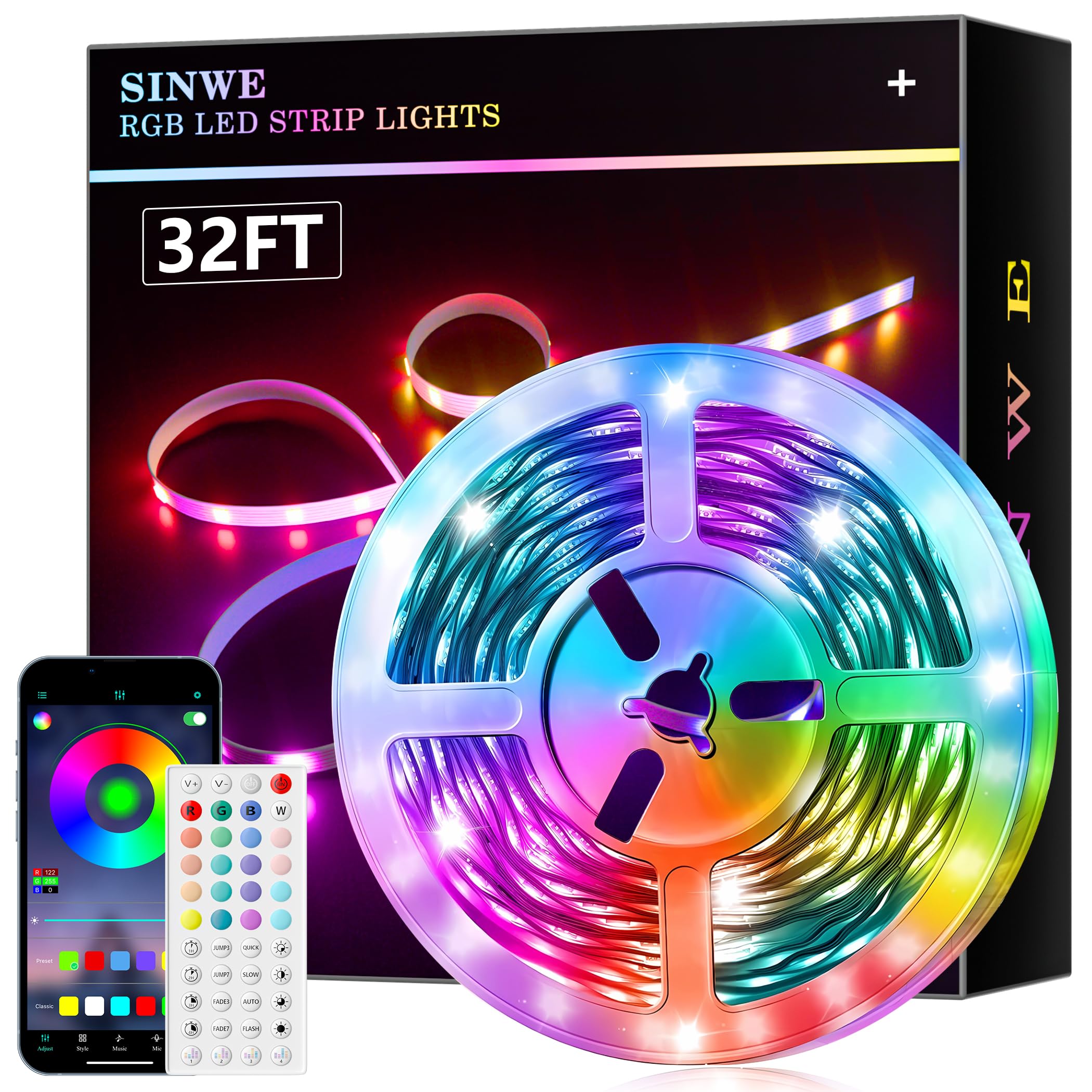 SINWE 10M Led Strip Lights, Music Sync Led Lights with 44 Keys Remote and App Control, Color Changing RGB Lights for Bedroom Room Home Kitchen Party Christmas Decoration (32.8ft)