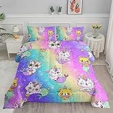 Axolotl Unicorn Cat Bedding Twin,Cute Cartoon Cat Comforter Set,Rainbow Mermaid Scales Printed Kids Bedding Set for Girls Kids Adults Teens,Girls Comforter,1 Quilt 2 Pillowcases,Pink Blue Purple