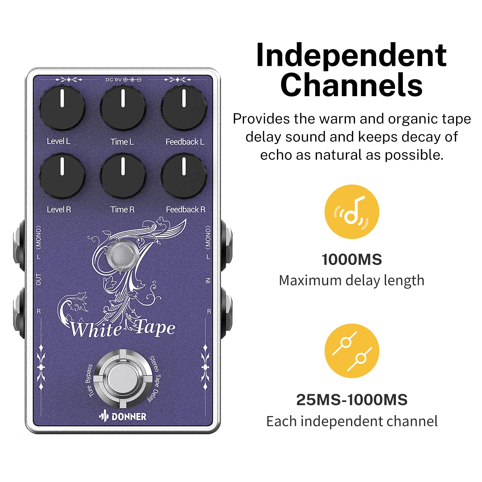 Donner White Tape Stereo Delay Pedal, Analog Delay with Echo Effect, True Bypass, 2 Independent Channels for Electric Guitar, Bass, Synth, Drum Machine