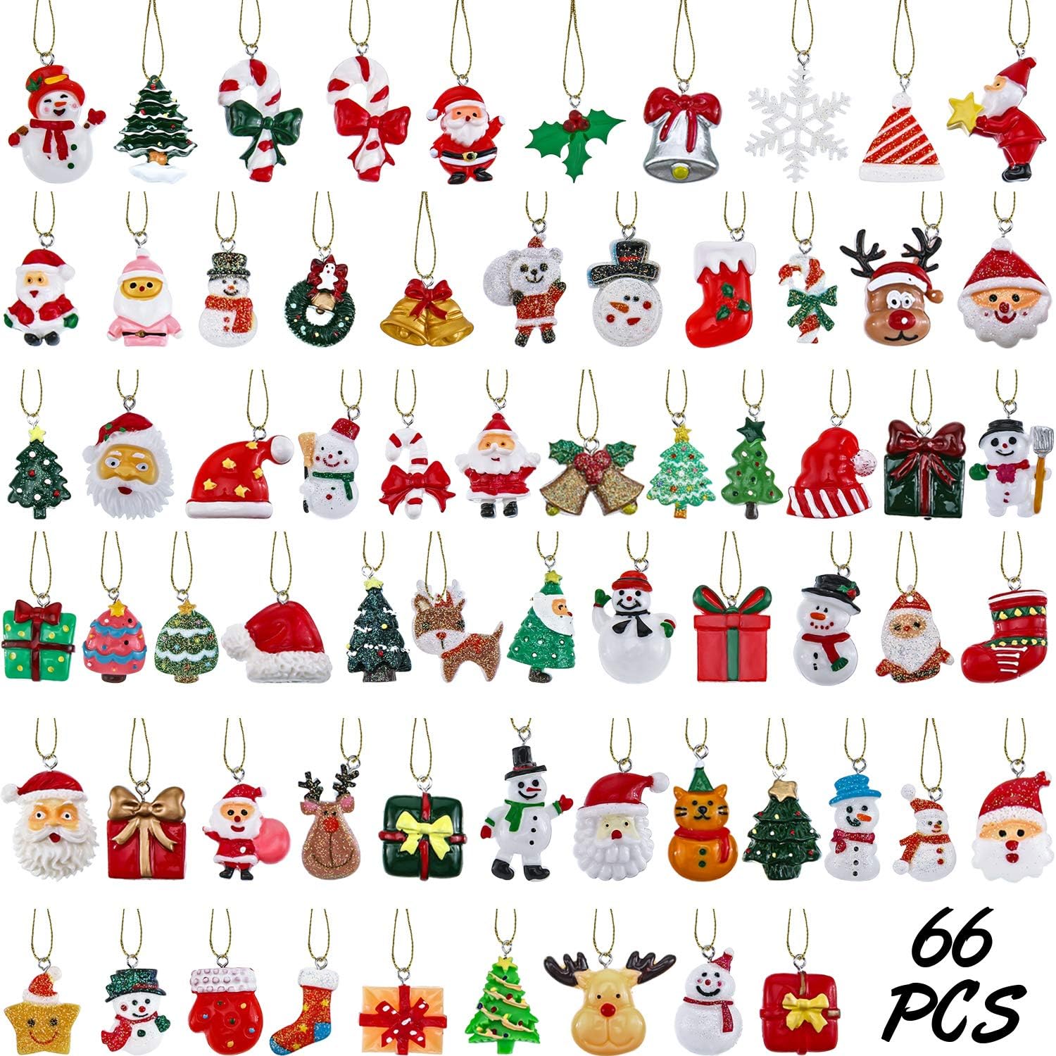 Ornaments - 66 Pieces Mini Resin Miniature Ornaments Tiny Christmas Pendant Decoration with 65.6 Feet Gold Embroidery Thread for Christmas Tree