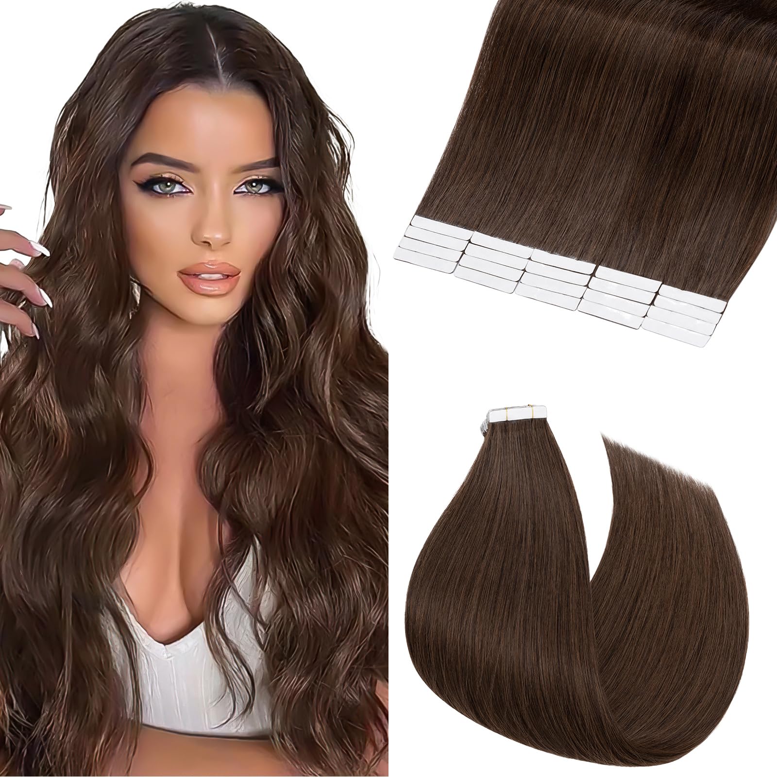 Elailite 20 Pcs Tape in Hair Extensions Real Human Hair - Seamless Skin Weft Real Remy Hair Extension Invisible Straight (#4 Medium Brown, 16 Inch-50g) — image 1