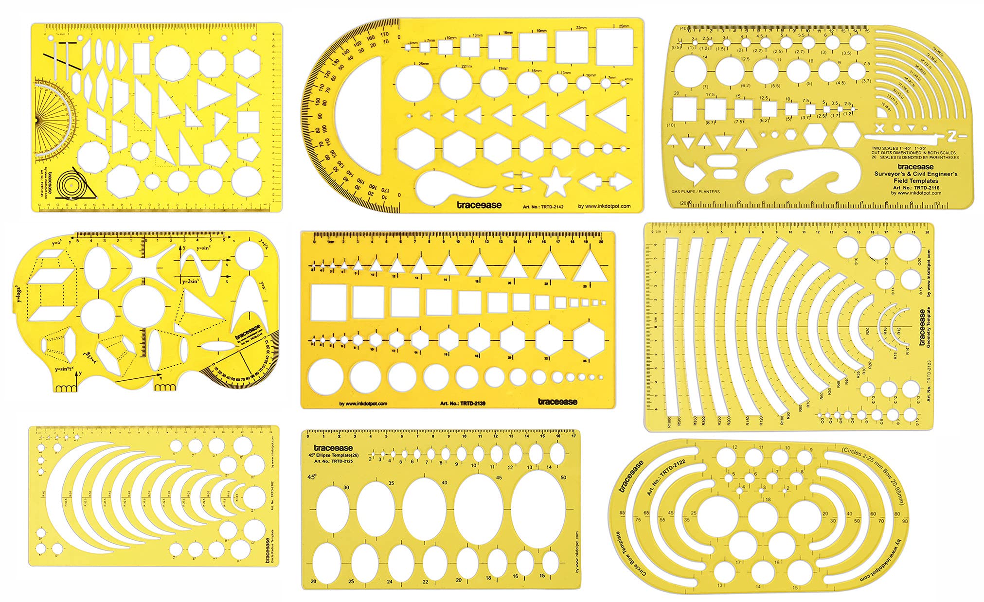 Traceease Geometric Drafting Templates Multi Shapes Drawing Stencils- Geometry Designing Measuring Ruler- Pack of 9 Pieces