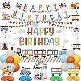 Sursurprise Train Birthday Decorations, Steam Train Birthday Backdrop Banner Hanging Swirls Cake Topper Honeycomb Centerpieces Balloons, Railroad Crossing Transportation Traffic Vehicle Party Supplies