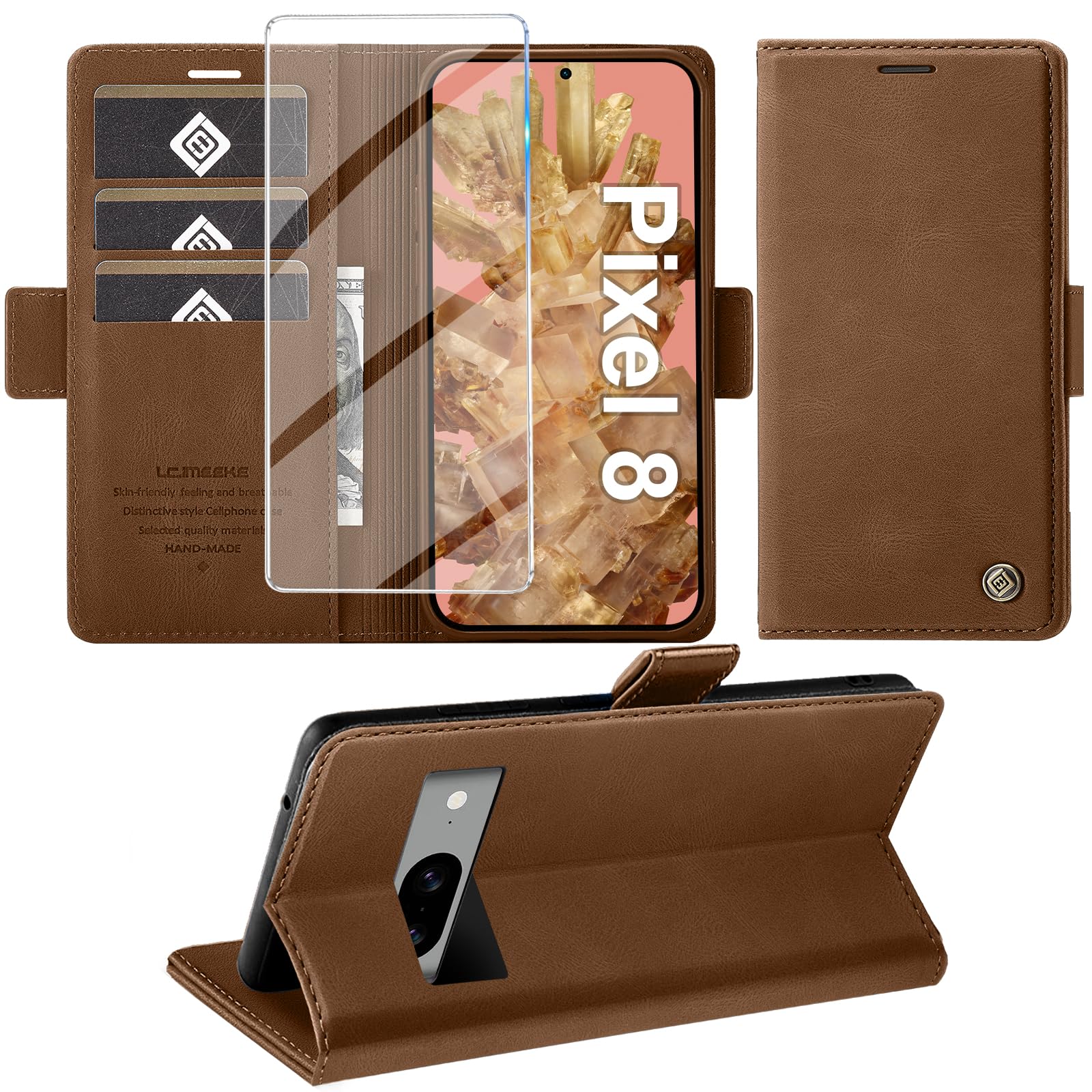 Giyer For Google Pixel 8 Case with Screen Protector, Mobile Phone Case Pixel 8 5G Premium PU Leather Wallet Flip Case Stand Function Card Slot Protective Case Cover for Google 8 Leather Case Flip Case