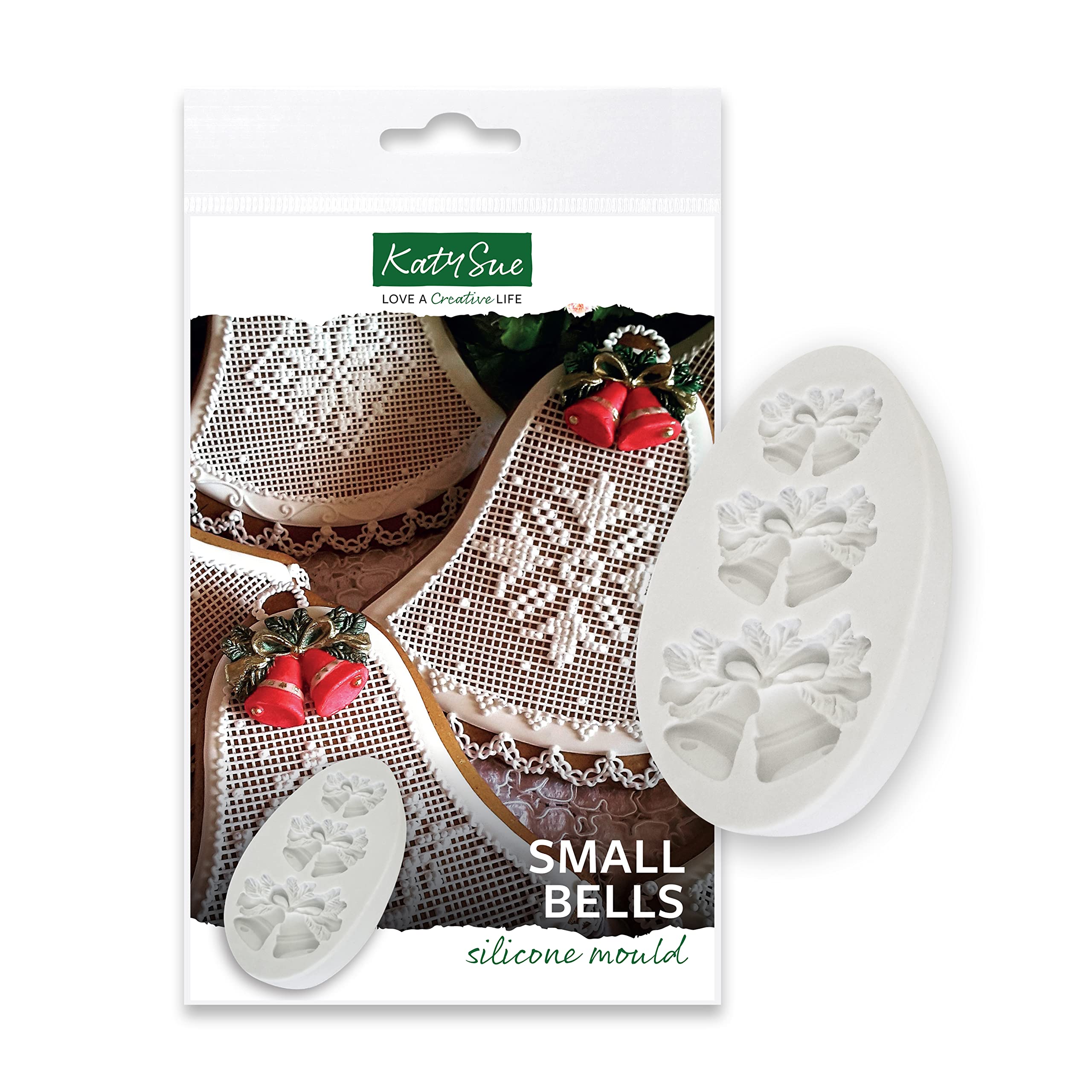 Katy Sue Small Bells Silicone Mould for Cake Decorating & Craft. Makes 3 Pairs of Bells with Bow & Foliage. Small 25 x 18 x 5, Medium 33 x 23 x 5, Large 40 x 30 x 5 Millimetres for Fondant & Clay