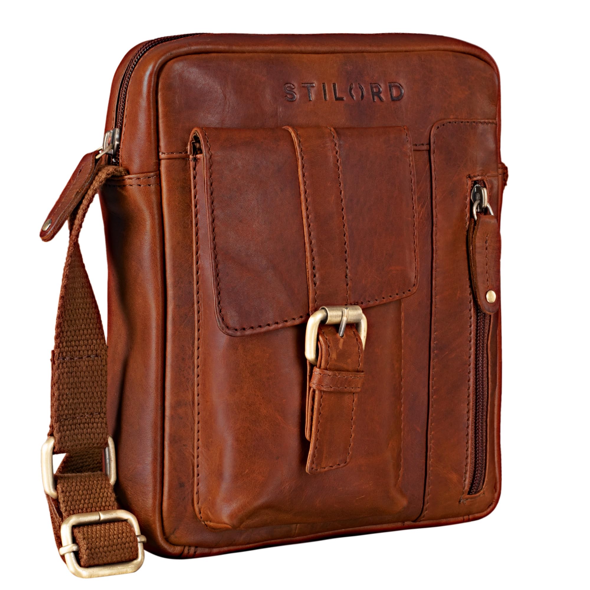 STILORD "Kendrick" Shoulder Bag Leather Men Messenger Bag Vintage Shoulder Small Cross Body for 8.4 inch Tablets DIN A5 Satchel Retro Leather Colour:Porto - Cognac