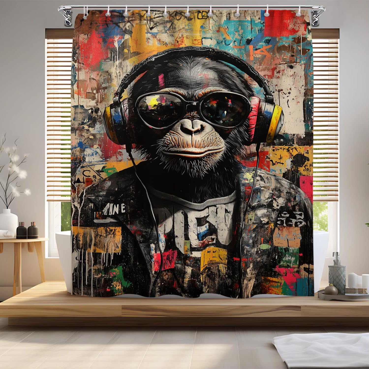 Photo 1 of Orlco Art Handsome Graffiti Shower Curtain,Monkey with Headphones Bathroom Shower Curtain,Pop Art Curtain for Toilet,Waterproof Quick-Dry Fabric Bathroom Toilet Curtain with 12 Hooks 72"x72"
