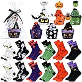 Foaincore 12 Pairs Halloween Socks Gift with Cupcake Decorations Packaging Halloween Theme Novelty Socks Bats Pumpkins Ghosts Print Stocking Spooky Basket Stuffers for Adult Men Women