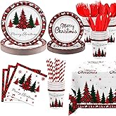 MEHOFOND Christmas Party Decorations,193Pcs Red Buffalo Plaid Disposable Tableware Set Christmas Tree Paper Plates, Napkins, Cups, Cutlery, Tablecloth for Xmas Party Decor, Serve 24 Guests