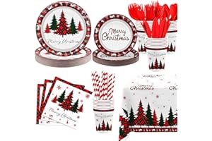 MEHOFOND Christmas Party Decorations,193Pcs Red Buffalo Plaid Disposable Tableware Set Christmas Tree Paper Plates, Napkins, Cups, Cutlery, Tablecloth for Xmas Party Decor, Serve 24 Guests