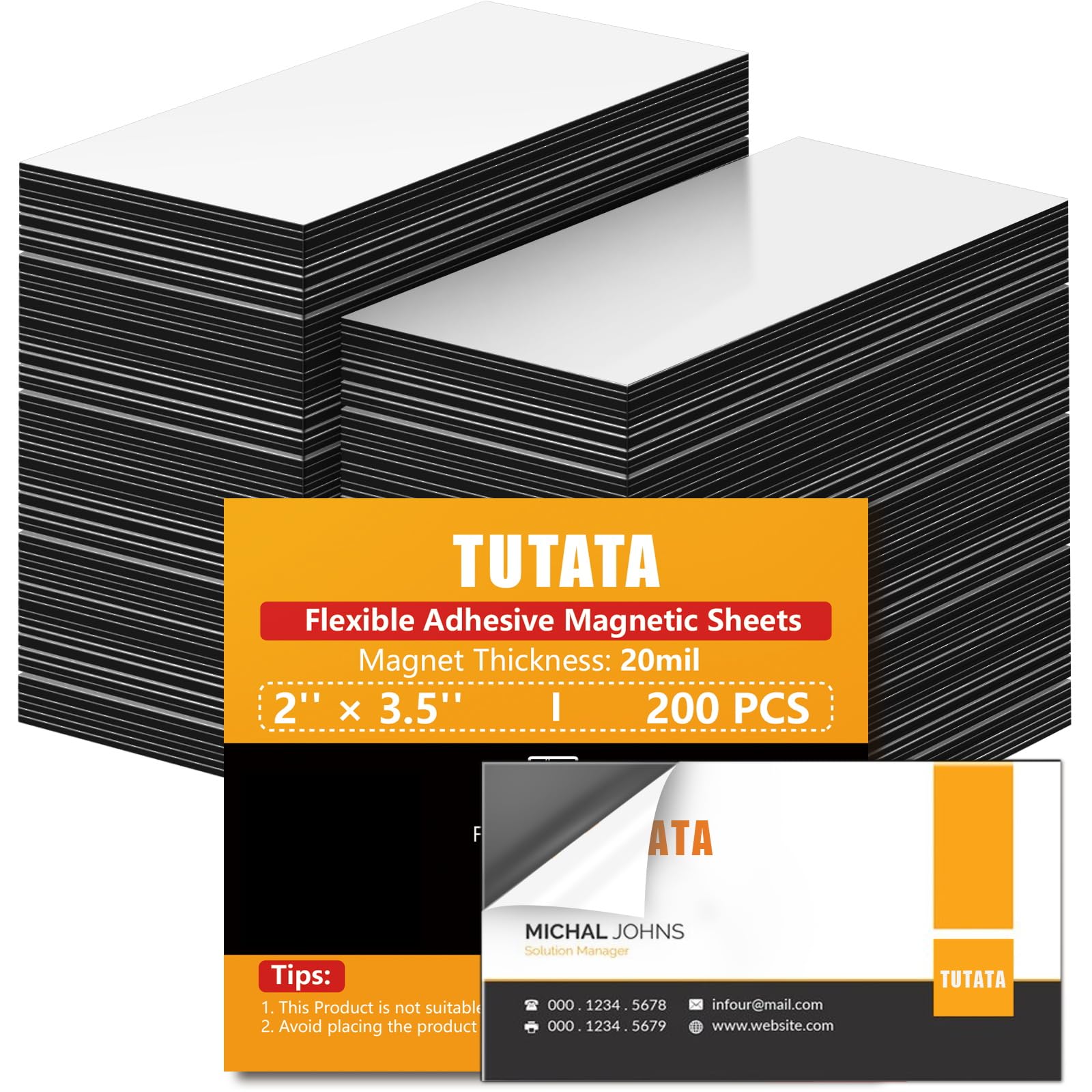 Photo 1 of tutata Business Card Magnets, 2" x 3.5", 200 Pack, Strong Flexible Magnetic Tape, Self Adhesive Backings, for Fridge, Photos, Cards, Small Business Supplies