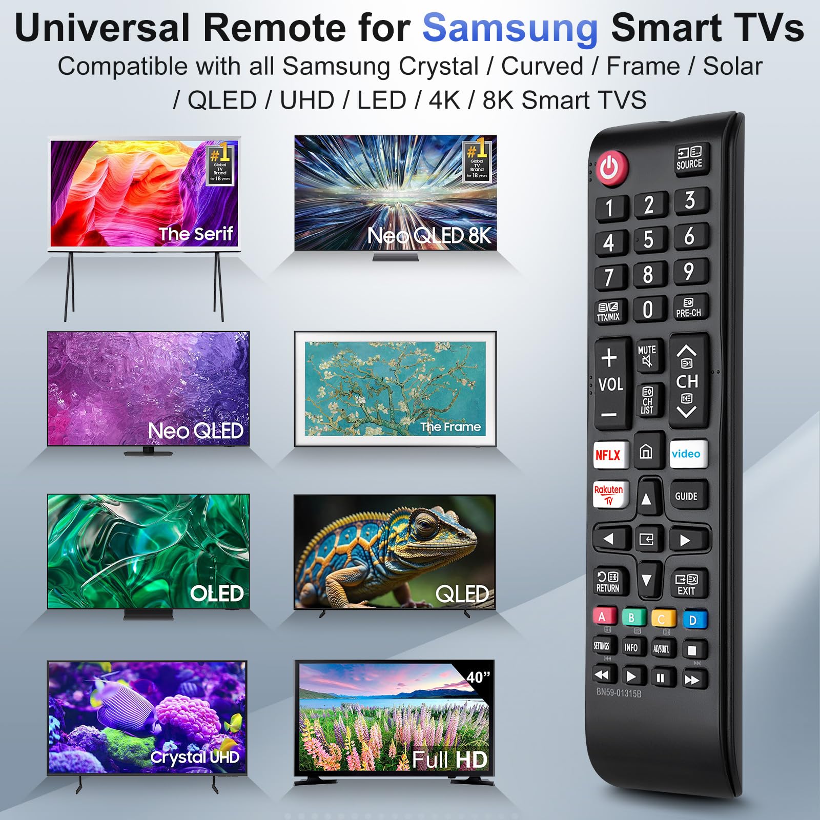 2er-Pack Universal Fernbedienung für alle Samsung Fernseher The Frame Curved Solar Crystal UHD LED HDTV Neo QLED 3D 4K 8K Smart TV Ersatz für Samsung Fernbedienung Original BN59-01315B 3