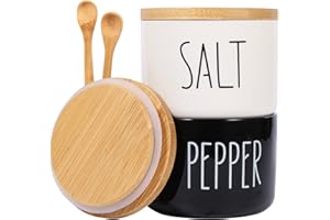VICUKIE Farmhouse Salt And Pepper Bowls,Stacked Ceramic Salt Cellar With Bamboo Lid, Salt Container With Lid And Spoon, Moder