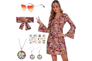 ATAMET 70's Women Costumes Hippie Dress, 1970s Outfits Accessories Set, 60s 70s Disco Prom Dress, Carnival Halloween Costumes