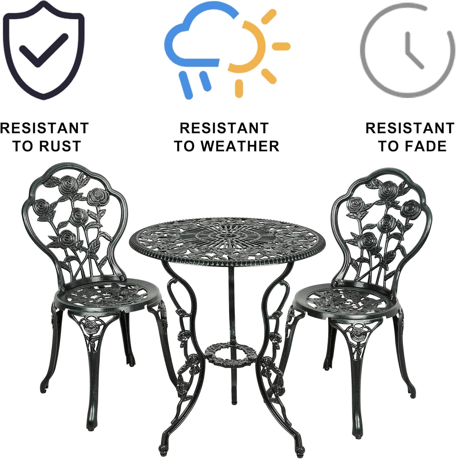 LZRS 3-Piece Outdoor Patio Bistro Set Table and Chairs Furniture with Rose Design for Garden, Porch, Backyard, Cast Aluminum with Umbrella Hole, Durable Rust Weather Resistance, Antique Verdigris: Garden & Outdoor