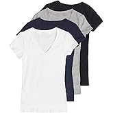 4 Pack Zenana Basic V-Neck Short Sleeve Cotton T-Shirts for Women Small Black, White, Navy, H Gray