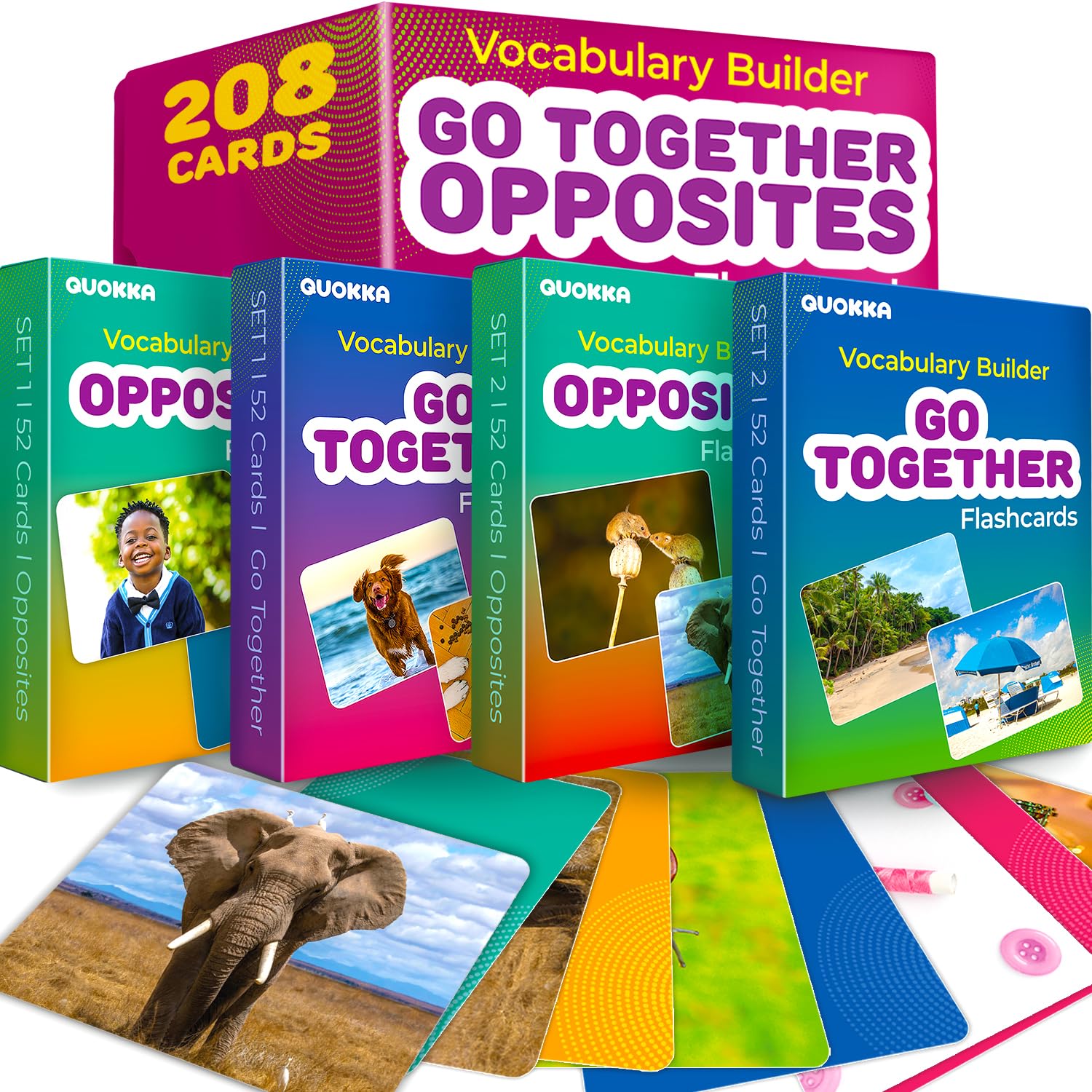 QUOKKA 208 Vocabulary Flash Cards Set - Go Together and Opposites Matching Card Game with Realistic Images for Pre-K and Kindergarten - Perfect for Teachers, Parents, and Speech Development Activities — image 1