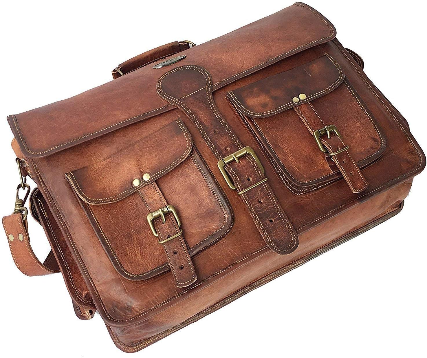 DHK 18 Inch Vintage Handmade Leather Travel Messenger Office Crossbody Bag Laptop Briefcase Computer College Satchel Bag For Men And Women (DARK BROWN): Computers & Accessories