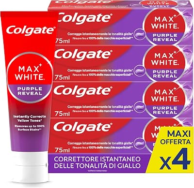 Dentifricio Sbiancante Max White Purple Reveal 4 Confezioni da 75 ml I Per Denti Bianchi I Sicuro Per Lo Smalto I Contiene Fluoro I Sbiancamento denti I Bianco naturale