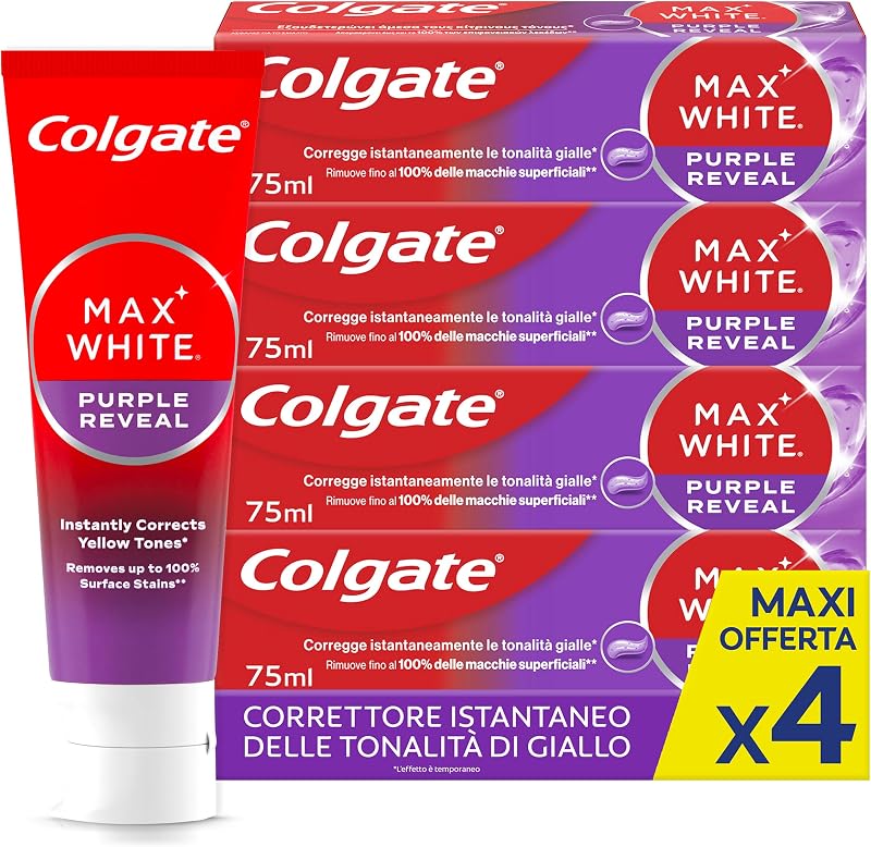 Dentifricio Sbiancante Max White Purple Reveal 4 Confezioni da 75 ml I Per Denti Bianchi I Sicuro Per Lo Smalto I Contiene Fluoro I Sbiancamento denti I Bianco naturale