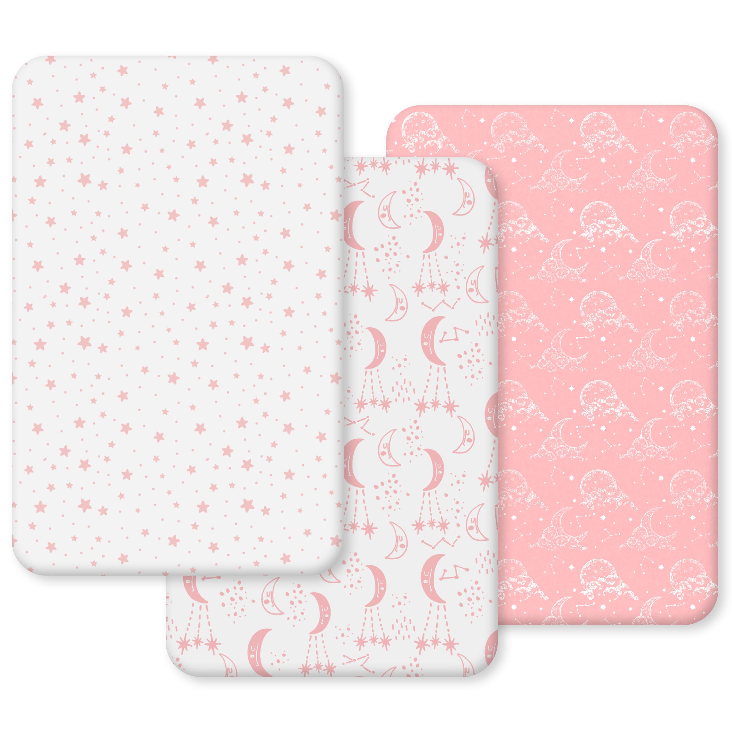 Unnivoll Next to Me Crib Sheets 51 x 85 cm Super Soft & Breathable Bedside Crib Fitted Sheets 3 Pack White Pink Moon