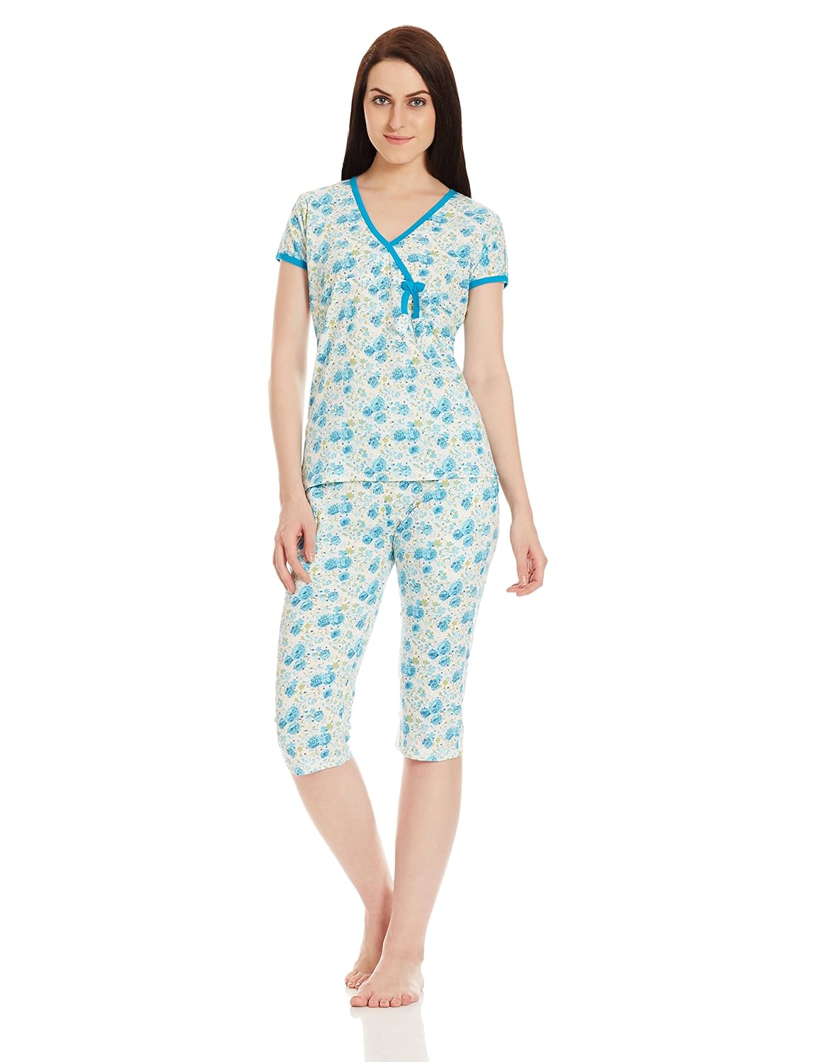 claura floral print cotton capri-top night suit