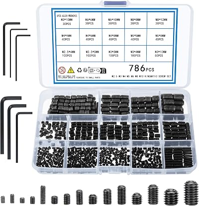 KOXXIAMOQ 786 Pcs Grub Screws Assorted M2.5-M8 Carbon Steel Cup Point Set