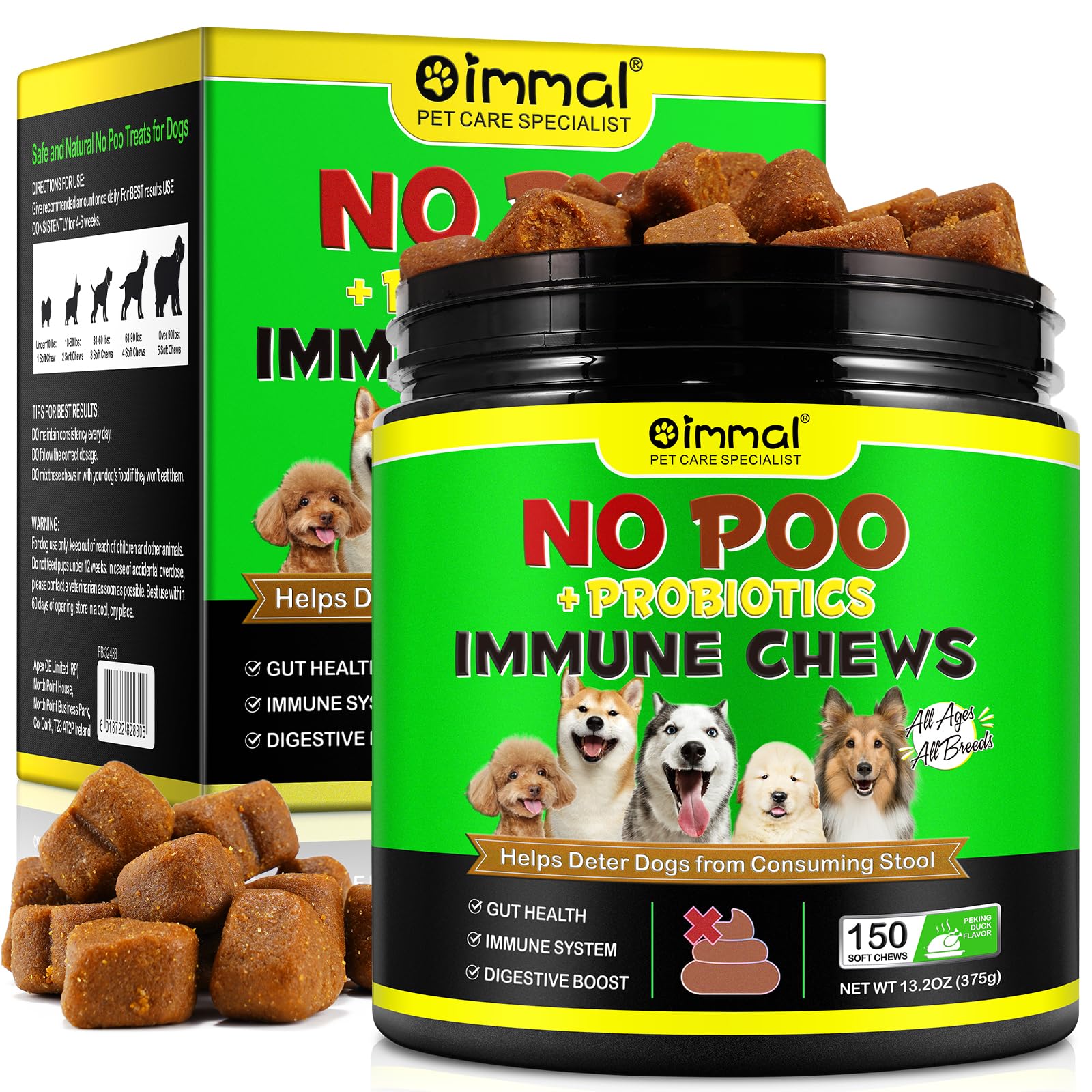 No Poo Immune Chews for Dogs - 150pcs Pecking Duck Flavored Support Joint health, Promoting Agility Helps Deter Dogs from Consuming Stool