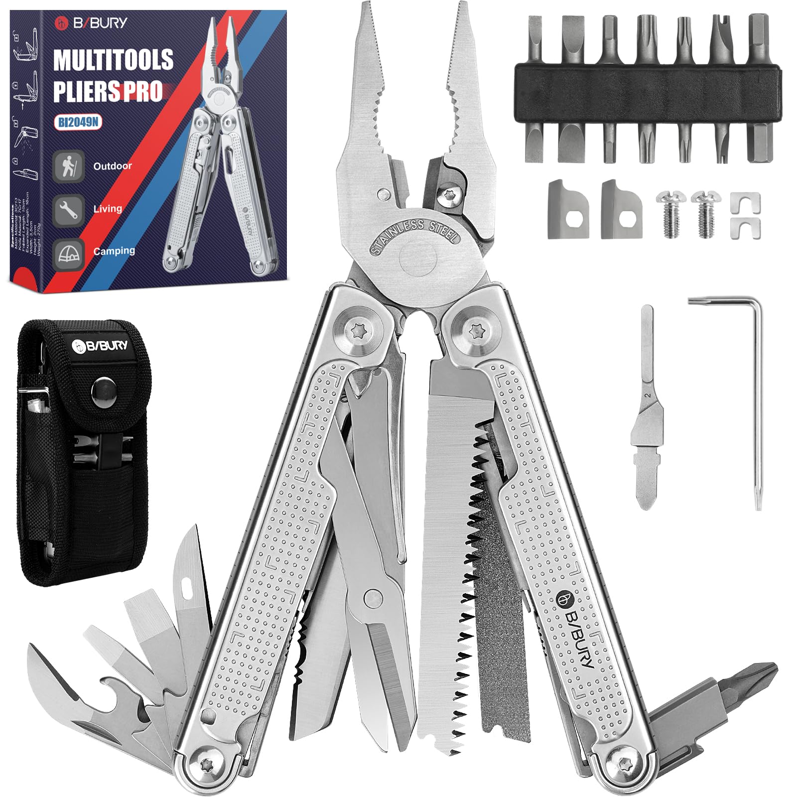 BIBURY Multitools, Upgraded Multi Tool Foldable Pliers with T-Shank Tool, Saw, Screwdriver Set, Stainless Steel Multitools Ideal for Camping, Repairing, Gift for Dad Men Christmas -Pro BI2049N