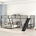 Morhome Triple Bunk Bed with Slide, L Shaped Bunk Bed for 3, Twin Over Full Metal Bunk Bed Frame with Twin Size Loft Bed, Built-in Desk, for Kids Girls Boys