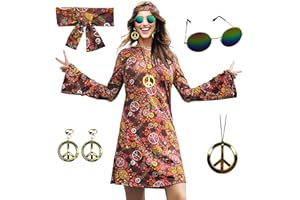 MRYUWB 70s Hippie Dress Costumes Necklace Earrings Sunglass Women Disco Outfit, 60s Party Costume, Halloween Retro Dresses