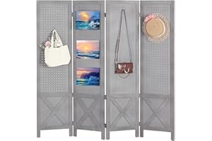 Wnutrees 4 Panel Pegboard Display, 5 Ft Wood Folding Privacy Screens Room Divider, Portable Freestanding Display Board for Craft/Art Shows, Retail, Events, Wall Organizer, Rustic Barnwood, Grey