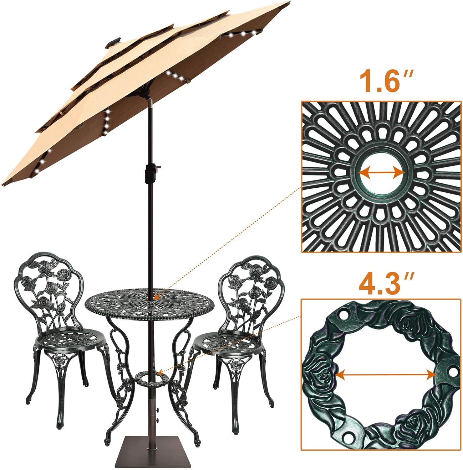 LZRS 3-Piece Outdoor Patio Bistro Set Table and Chairs Furniture with Rose Design for Garden, Porch, Backyard, Cast Aluminum with Umbrella Hole, Durable Rust Weather Resistance, Antique Verdigris: Garden & Outdoor
