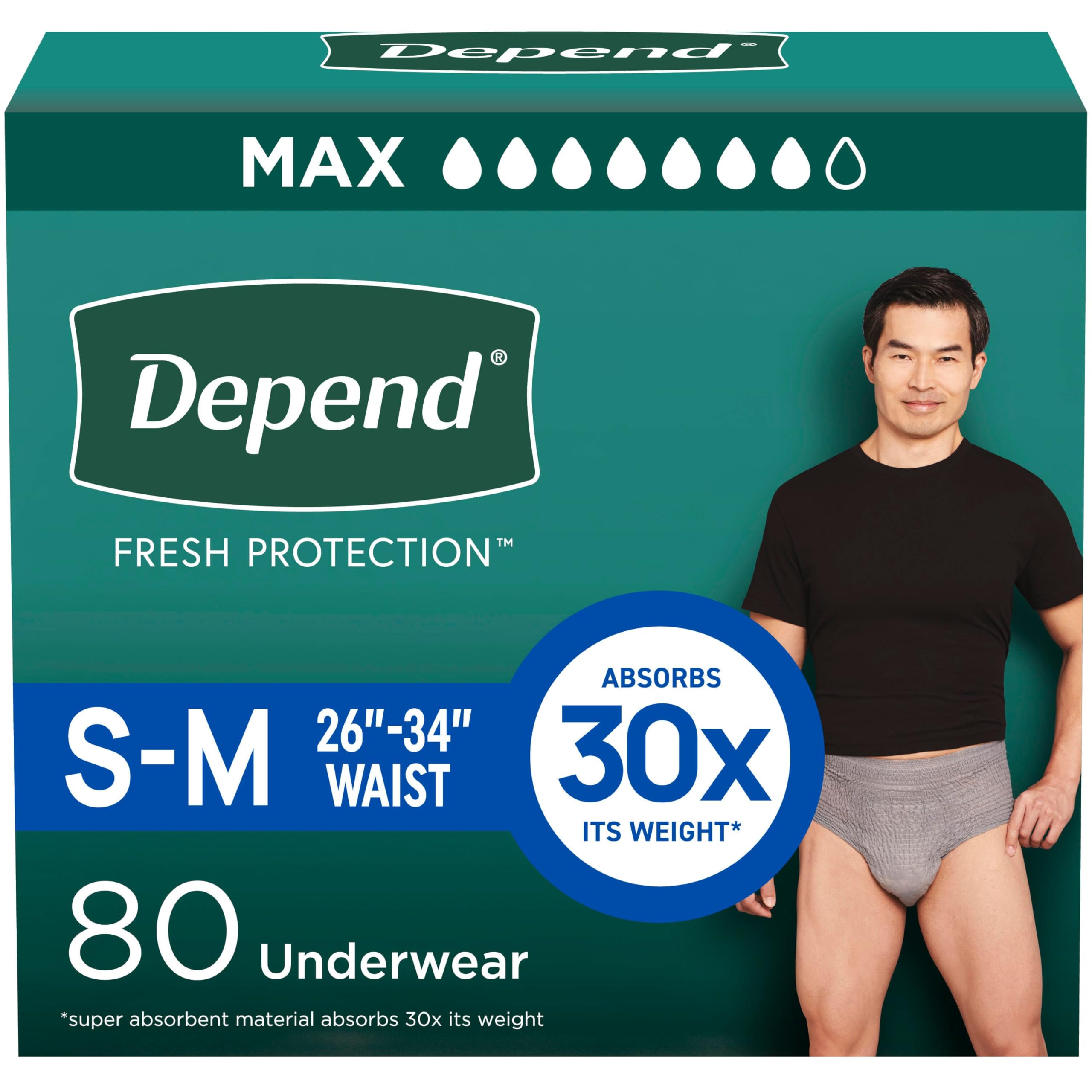 Photo 1 of Depend Fresh Protection Adult Diapers, Incontinence Underwear for Men, Disposable, Maximum, Small/Medium, Grey, 80 Count (2 Packs of 40), Packaging May Vary