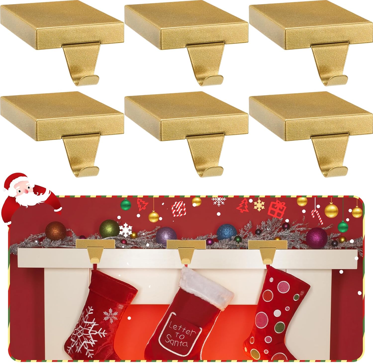 Stockings & Holders - Zonon Christmas Stocking Holders Metal Stocking Hangers for Mantle Christmas Stocking Hanging Hooks Stocking Holder for Holiday Xmas Fireplace Stair Indoor Decor (Gold,6 Pcs)
