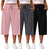 Locoowai 3 Pack Women's Plus Size Capris Loose Fit Wide Leg Yoga Cropped Pants Lounge Workout Sweatpant with Pockets